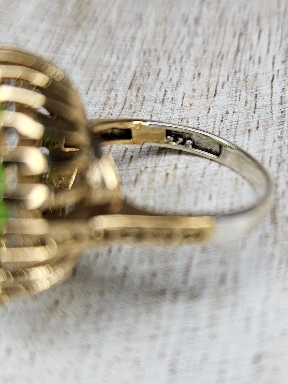 Vintage Sterling Silver Bronze Green Glass Cocktail Ring Size 8 Round Art Deco - Picture 10 of 12